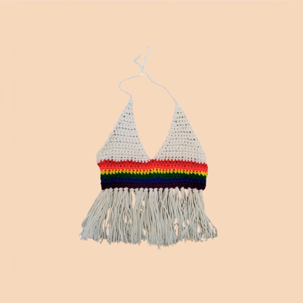 Girls' Handmade P R I D E Rainbow Crochet Fringe Halter Top 5-8Y